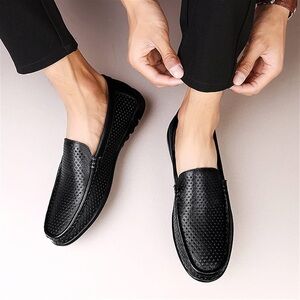 Men's Perforated Faux Leather Slip-On Hollow Black Casual Loafers Sz 8 New